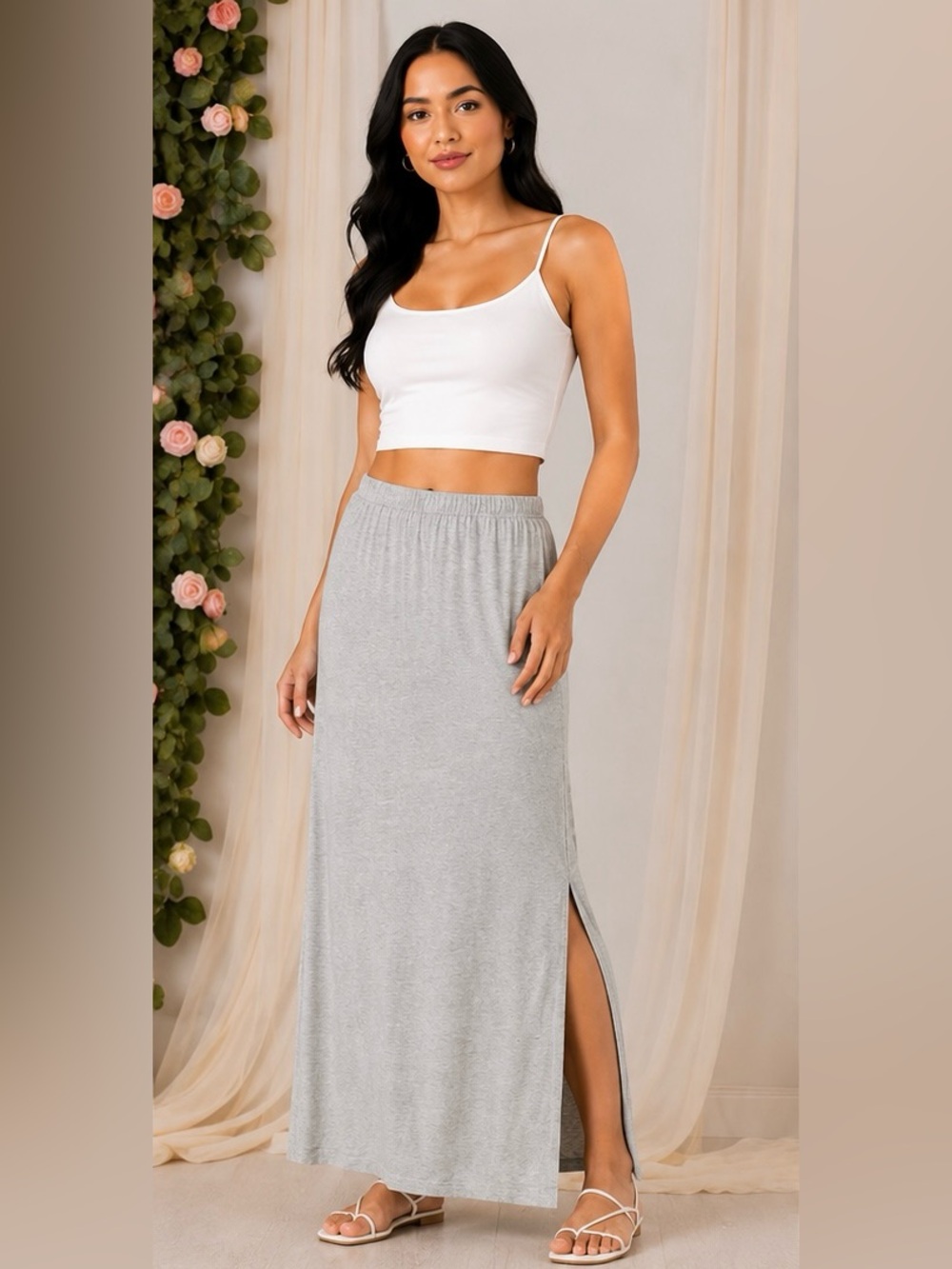 Auden Soft Ribbed Gray Maxi Skirt Side Slit Size Small NWT